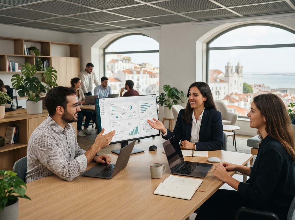 ParceriaPortuguesa - equipa a analisar dados de mercado em ambiente de escritório